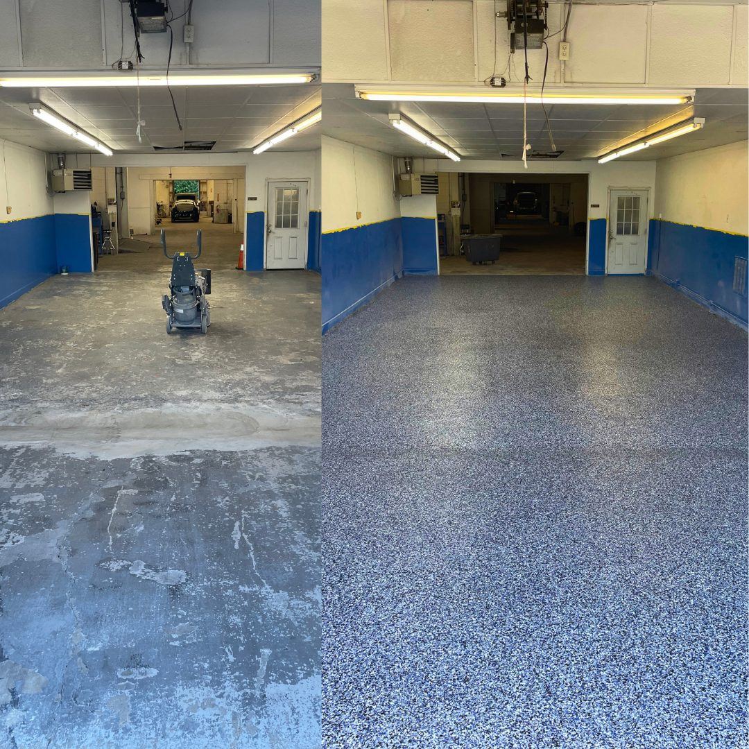 Before and after of a commercial dealership garage floor coating, ground bare concrete on the left, finished blue and gray full-flake epoxy floor on the right