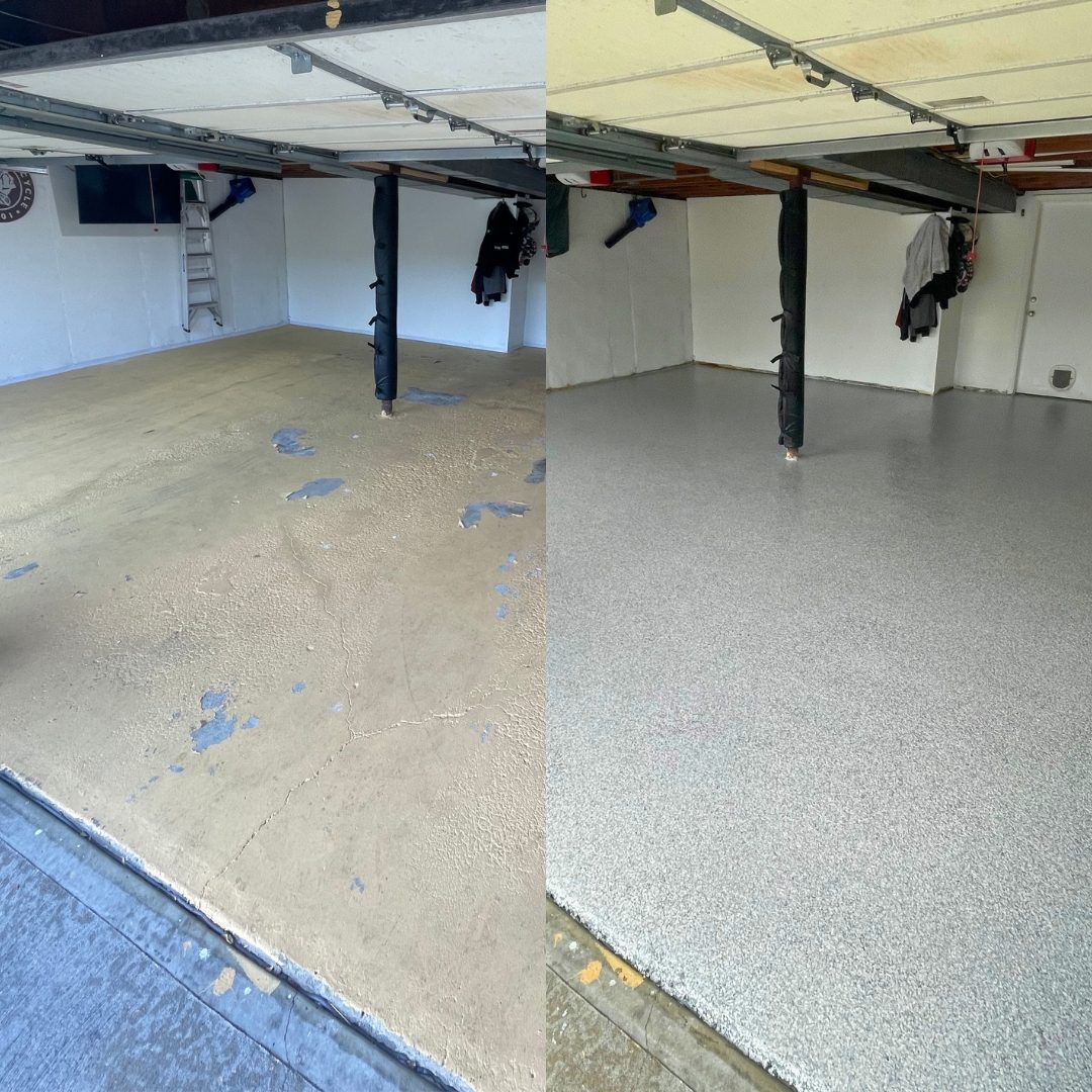 Before and after of a garage floor coating in Kansas City, MO, stained concrete with peeling paint and a crack on the left, gray and white full-flake epoxy floor on the right