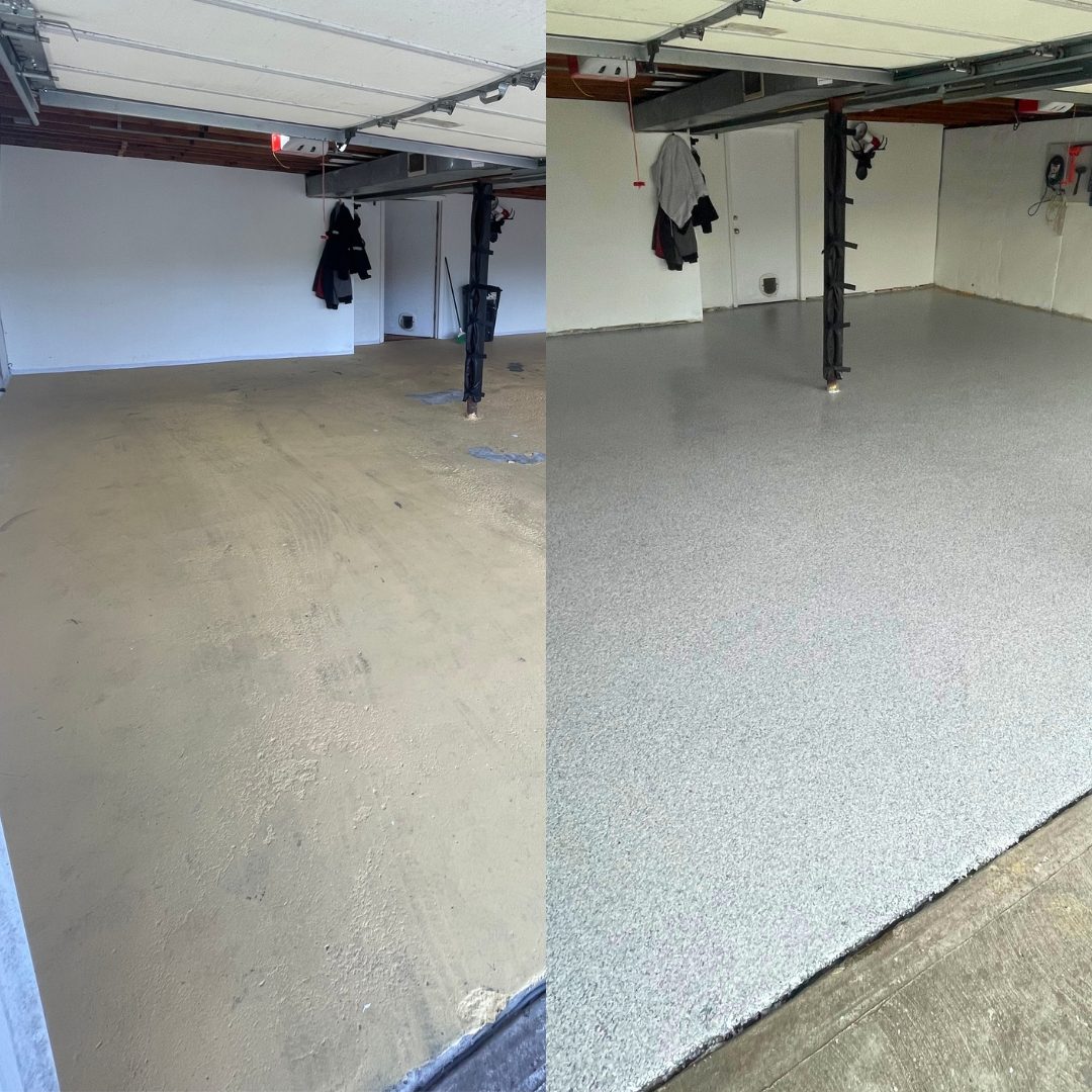 Before and after of a two-car garage floor in Kansas City, MO, worn tire-marked concrete before and a light gray full-flake epoxy floor after
