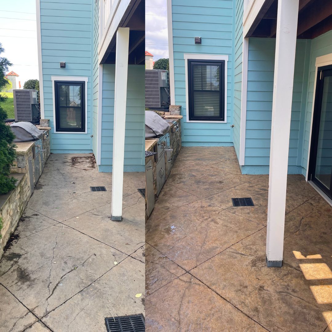 Before and after washing and sealing of a stamped concrete patio by the outdoor kitchen in Lees Summit, MO, staining removed and warm color brought back