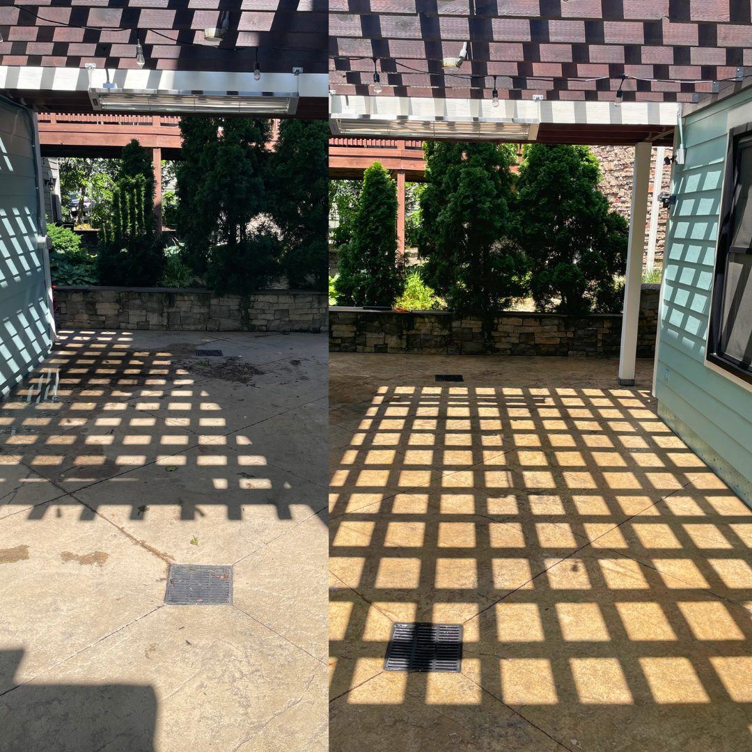 Before and after washing and sealing of a stamped concrete patio under a pergola in Lees Summit, MO, grime removed and color restored