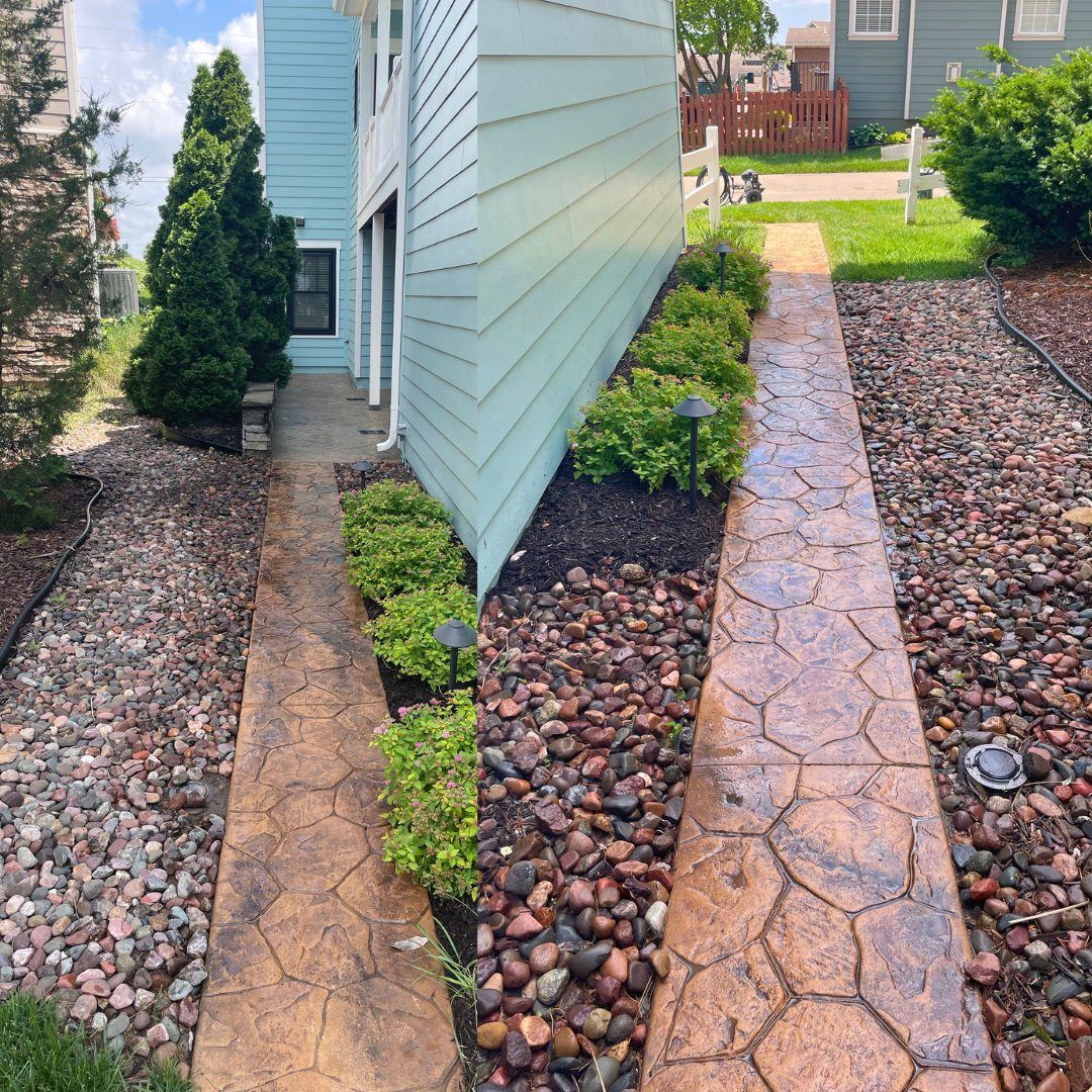 Before and after sealing of a stamped concrete walkway in Lees Summit, MO, the seal pulls out a rich, warm brown tone in the after