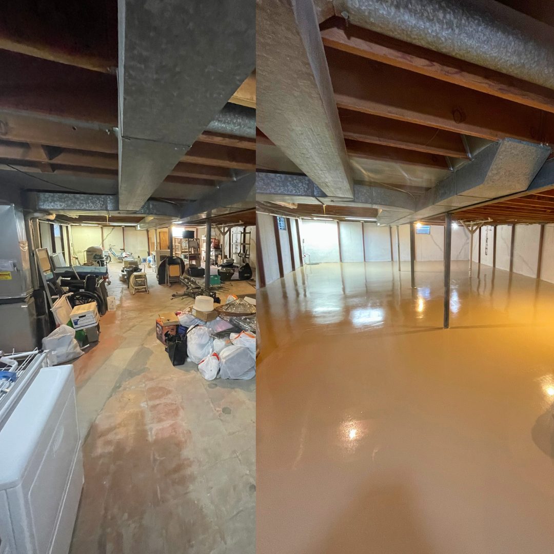 Before and after of a basement floor epoxy coating in Overland Park, KS, cluttered basement with worn patchy concrete on the left, clean sand tan solid epoxy floor on the right