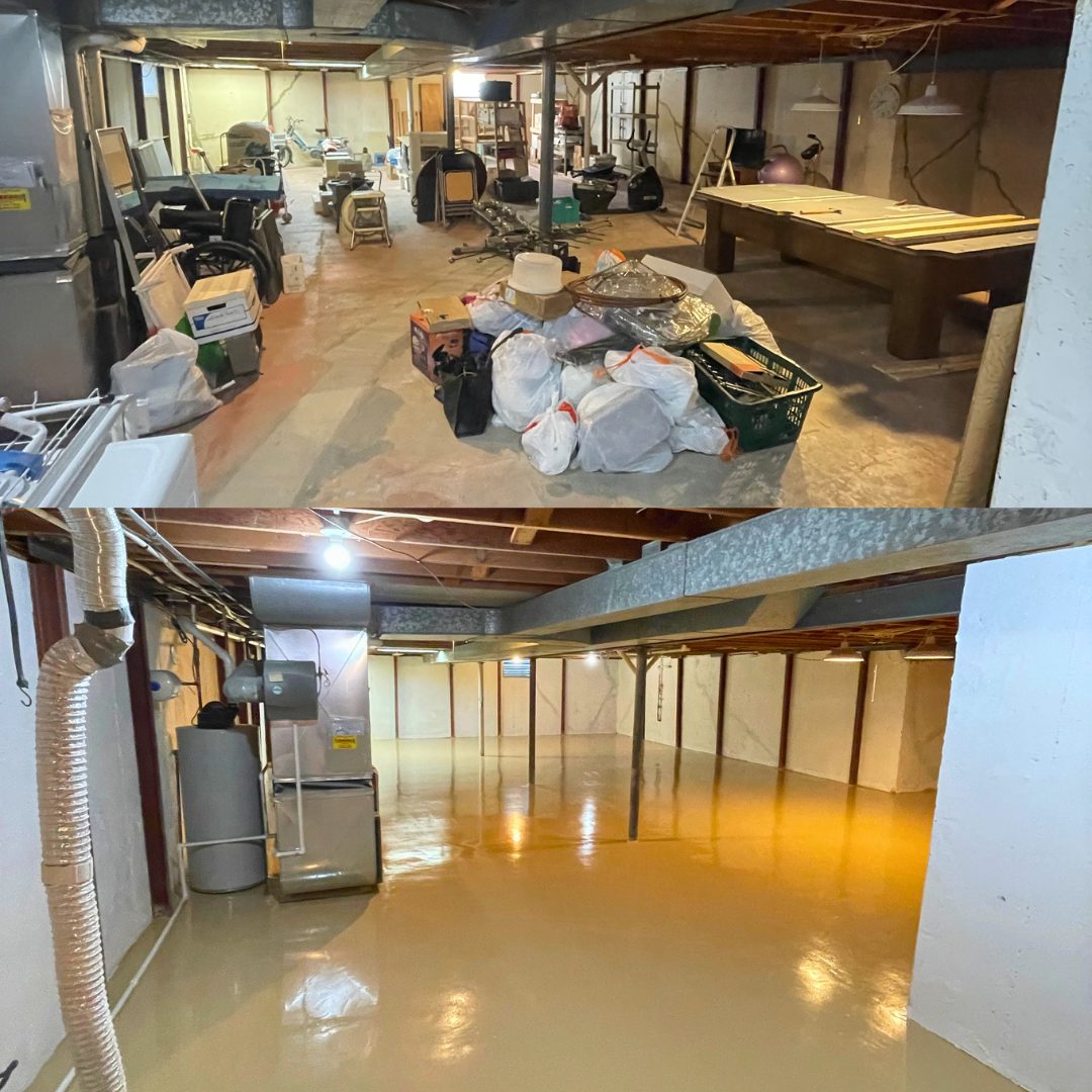 Before and after of a basement epoxy floor coating in Overland Park, KS, old stained concrete and stored furniture before, bright coated floor and walls after