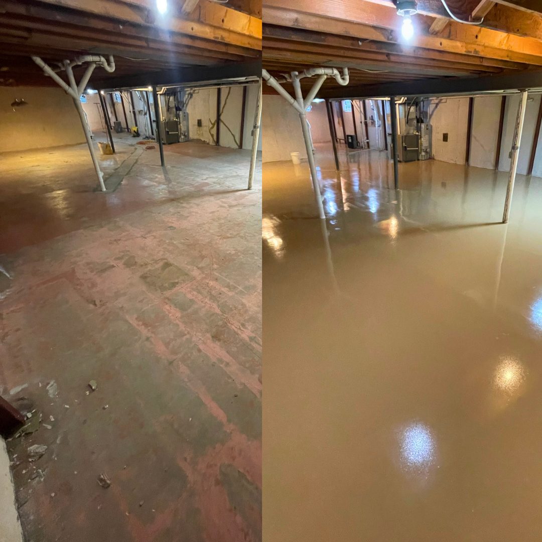 Before and after of a basement epoxy floor in Overland Park, KS, old red stain and glue stripped off the concrete before the new sand tan epoxy went down