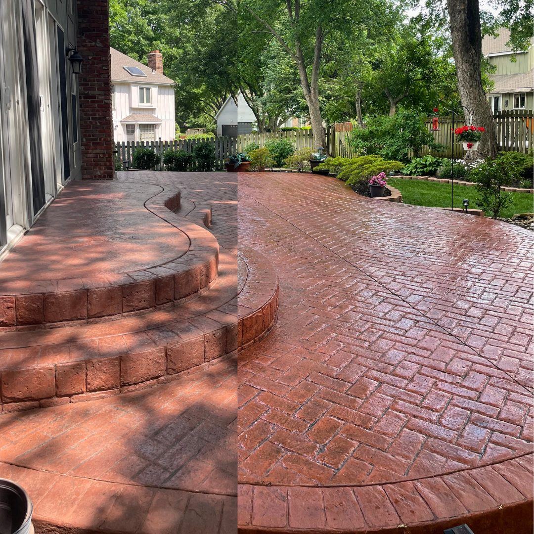 Before and after of a curved stamped concrete patio in Overland Park, KS