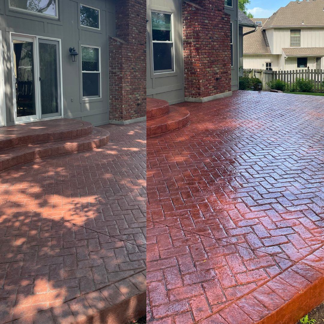 Before and after sealing of a stamped concrete patio with herringbone pattern in Overland Park, KS, color enhancer reveals a deep, saturated red on the brick-style stamp