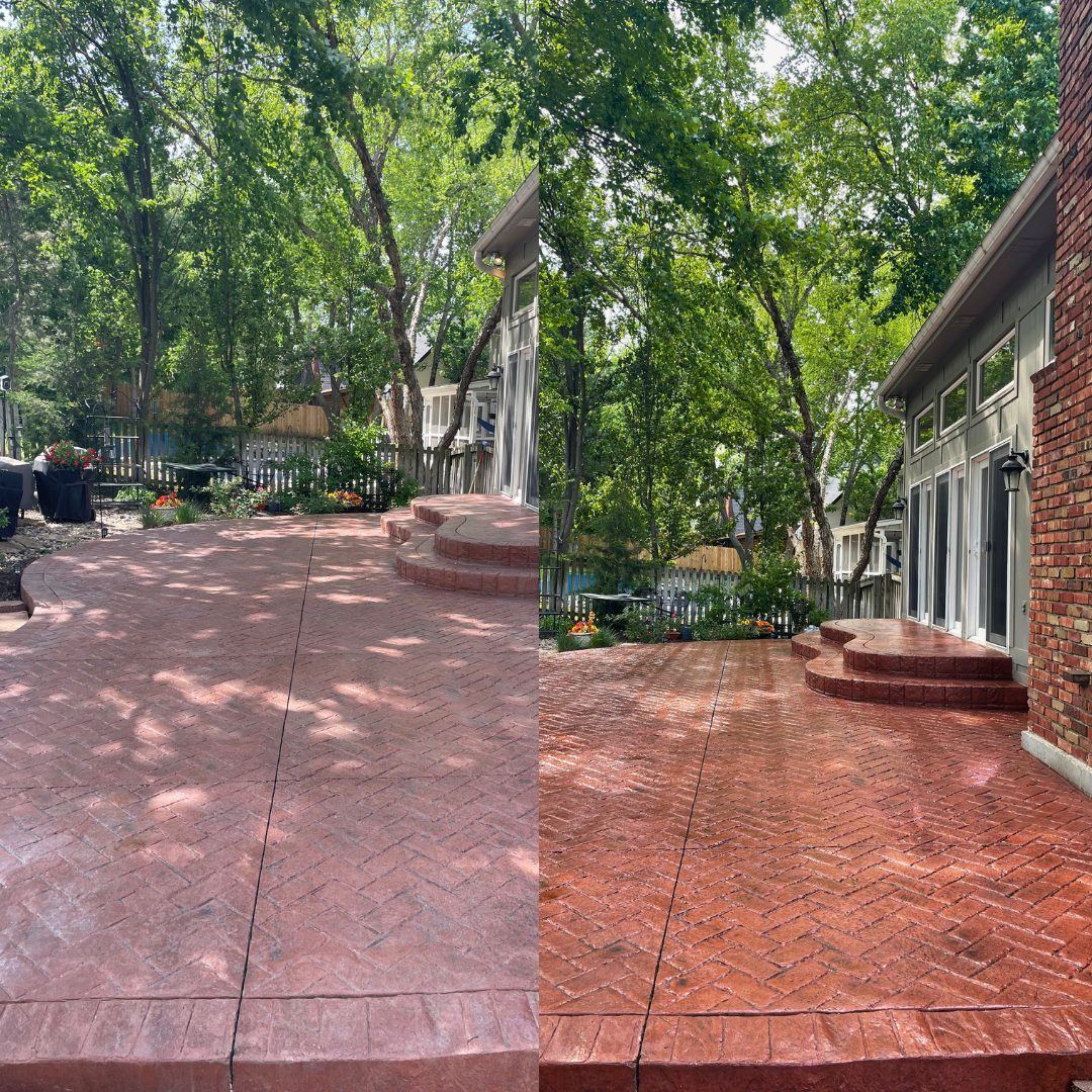 Before and after sealing of a stamped concrete patio with herringbone pattern wrapping around the back of a home in Overland Park, KS