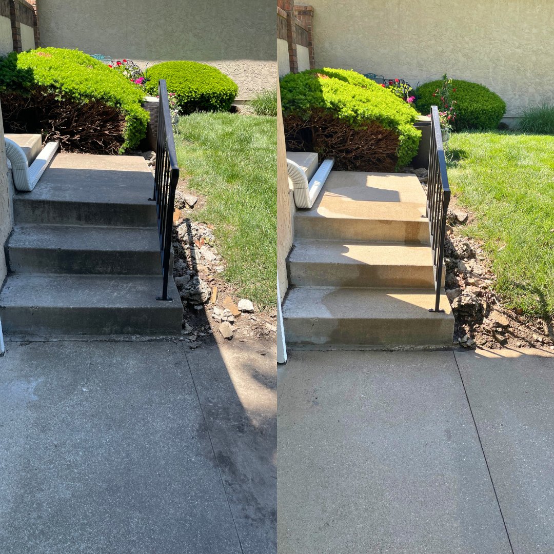 Before and after pressure washing of concrete steps and walkway in Overland Park, KS