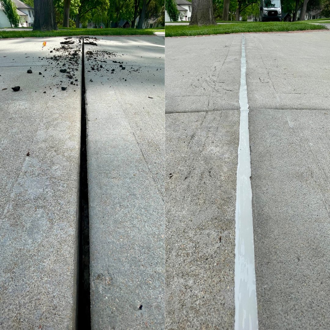 Before and after concrete crack filling in Prairie Village, KS — debris being cleared on the left, clean sealant-filled crack on the right