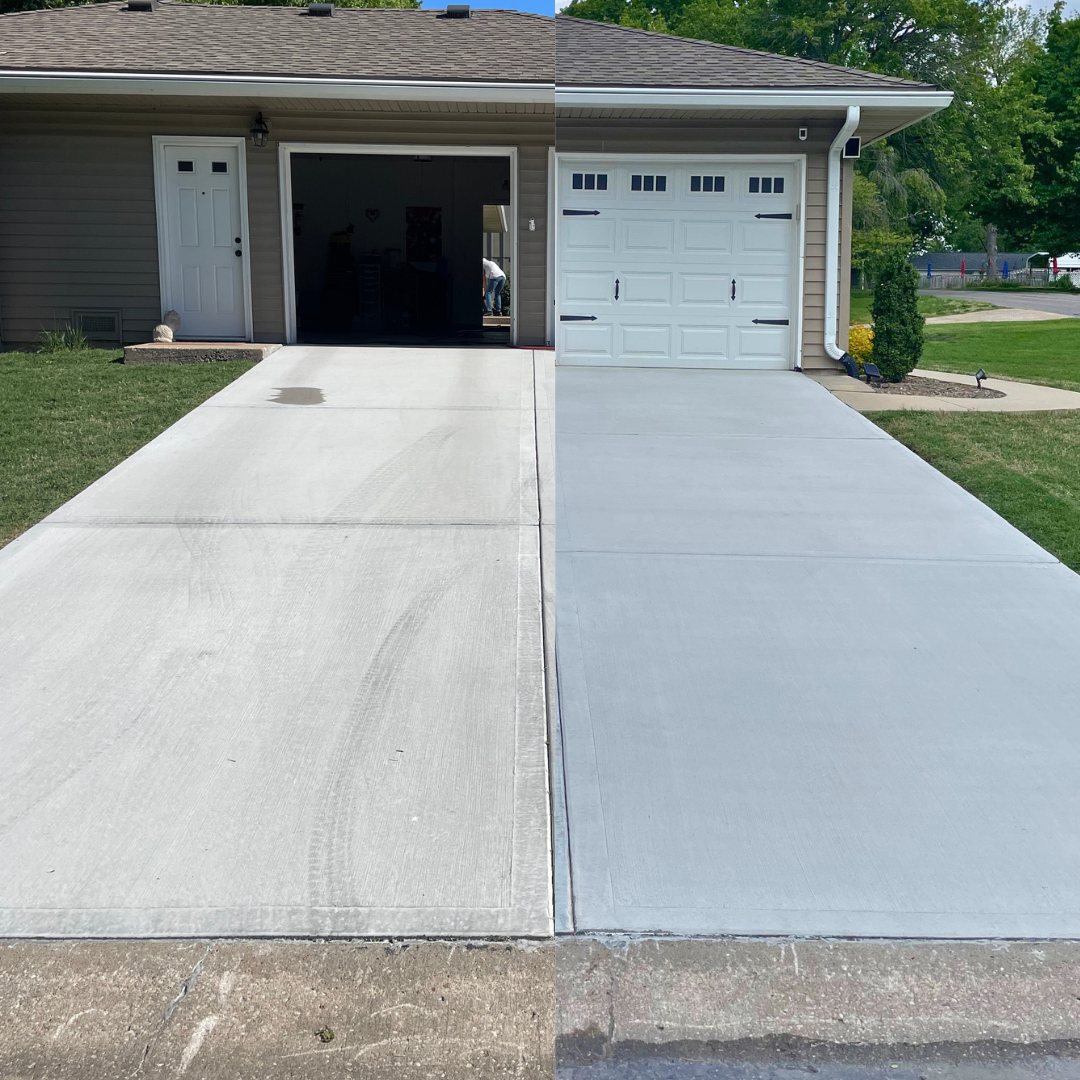 Before and after pressure washing of a concrete driveway in Shawnee, KS