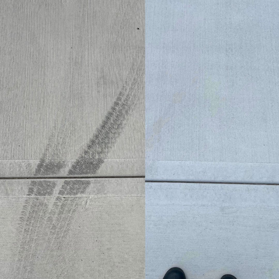 Close-up before and after of tire scuff marks removed from concrete in Shawnee, KS
