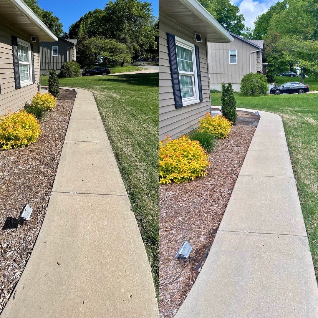 Before and after pressure washing of a front walkway in Shawnee, KS