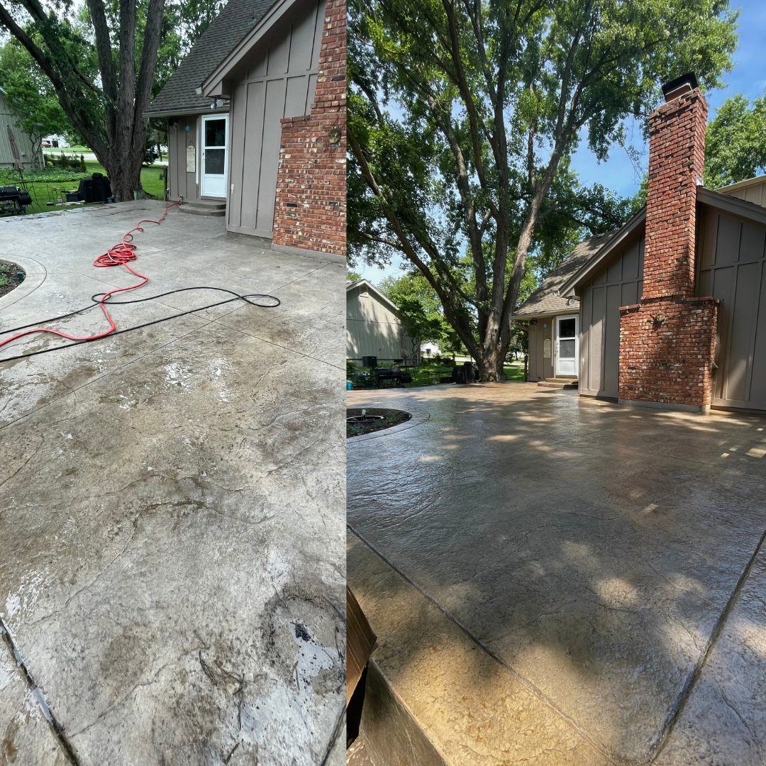 Before and after of a stamped concrete patio in Stilwell, KS cleaned and sealed