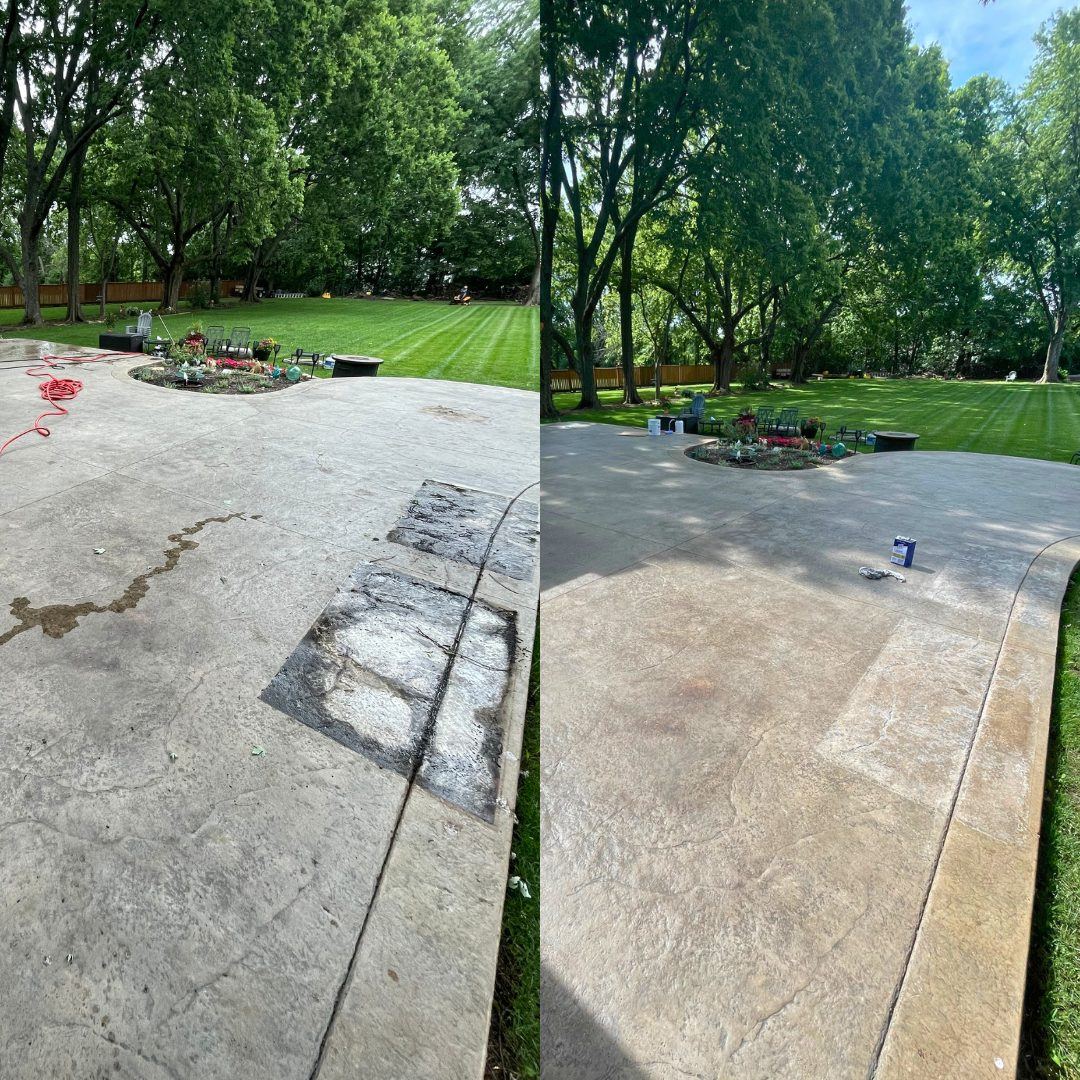Before and after washing and sealing of a stamped concrete patio in Stilwell, KS, dirt and water stains removed and the original color brought back out