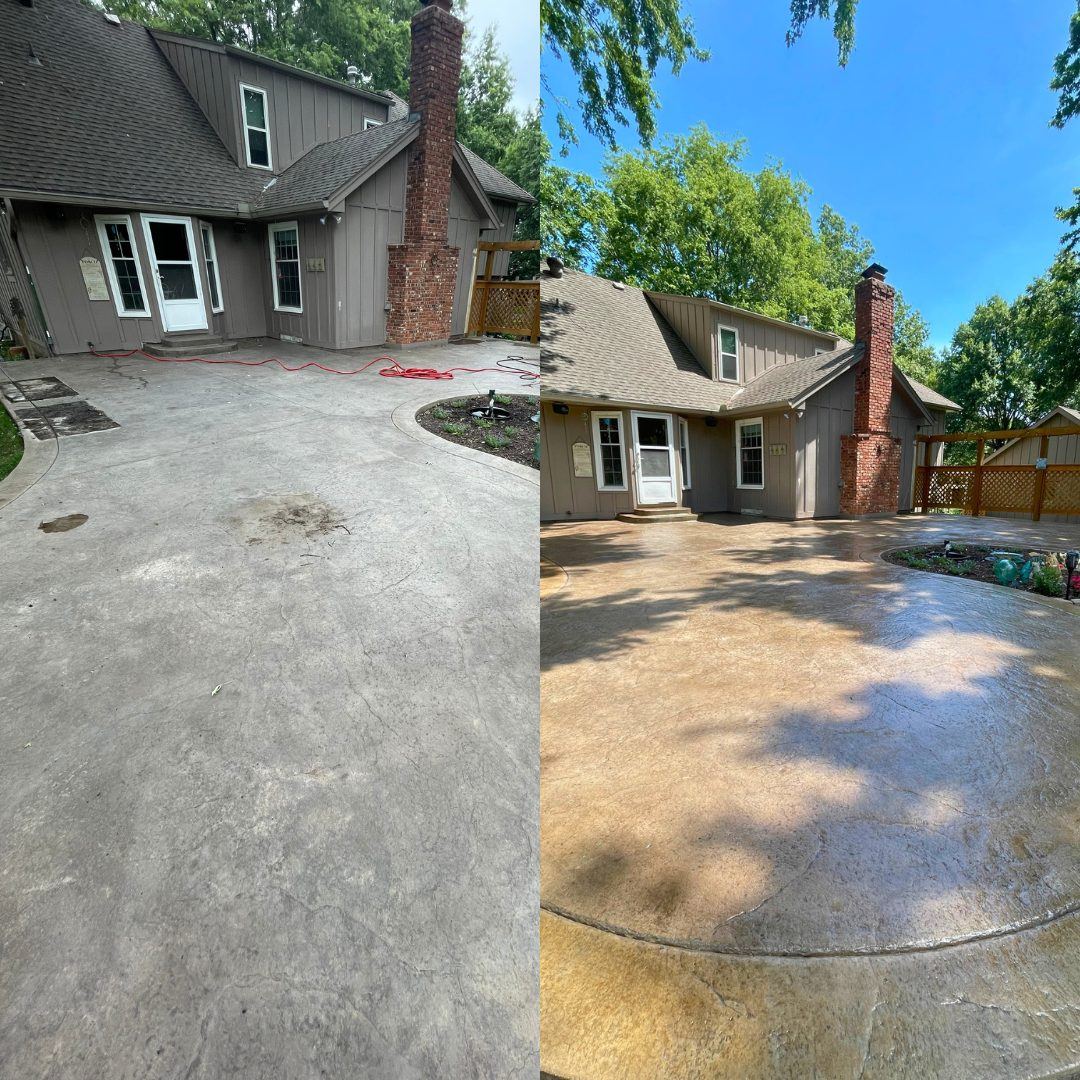 Before and after washing and sealing of a curved stamped concrete patio behind a home in Stilwell, KS, dull faded surface restored to a warm, rich finish