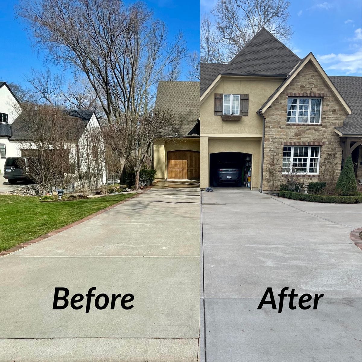 Before and after concrete driveway sealing in Kansas City — dirty driveway transformed to clean sealed concrete