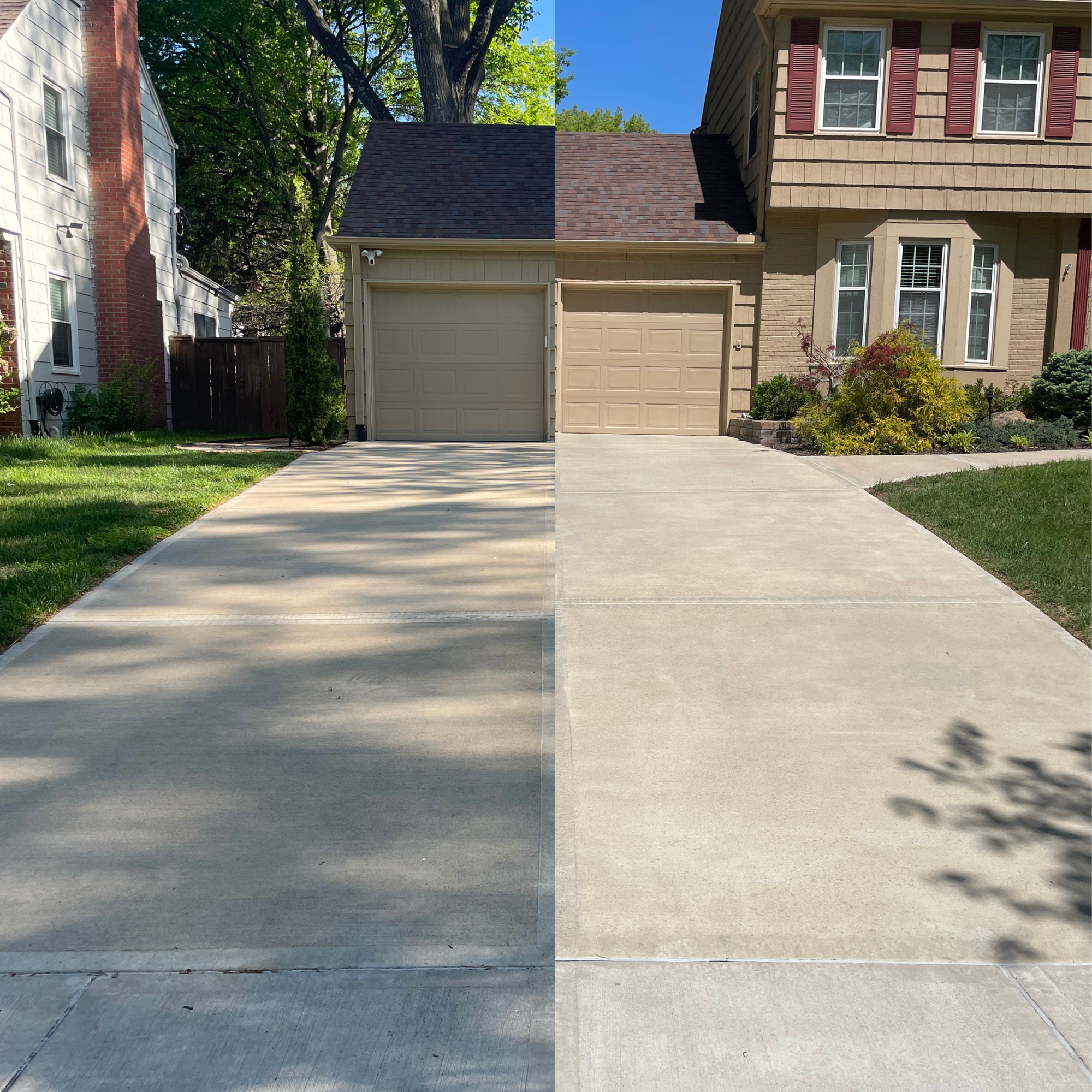 Before and after driveway cleaning and sealing in Kansas City — dramatic transformation