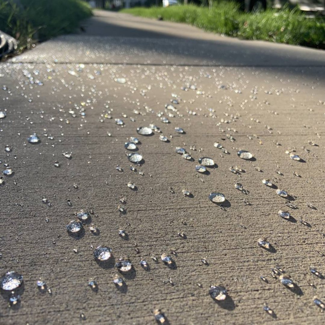 Water beading on sealed brushed concrete driveway — proof the penetrating sealer is working